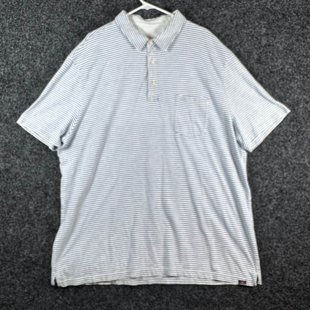 Faherty Brand‎ Mens 2XL Indigo Dyed Striped Polo Shirt Blue White Short Sleeve